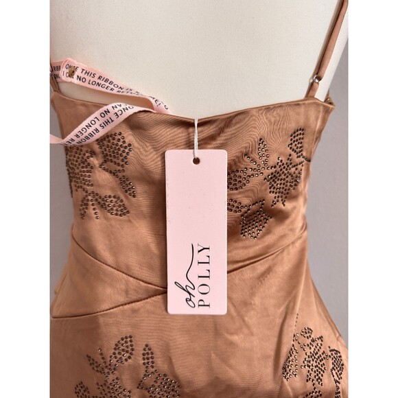 NWT Oh Polly Bronze Satin Cowl Neck Mini Dress US4 Floral Rhinestone Party - Picture 6 of 11